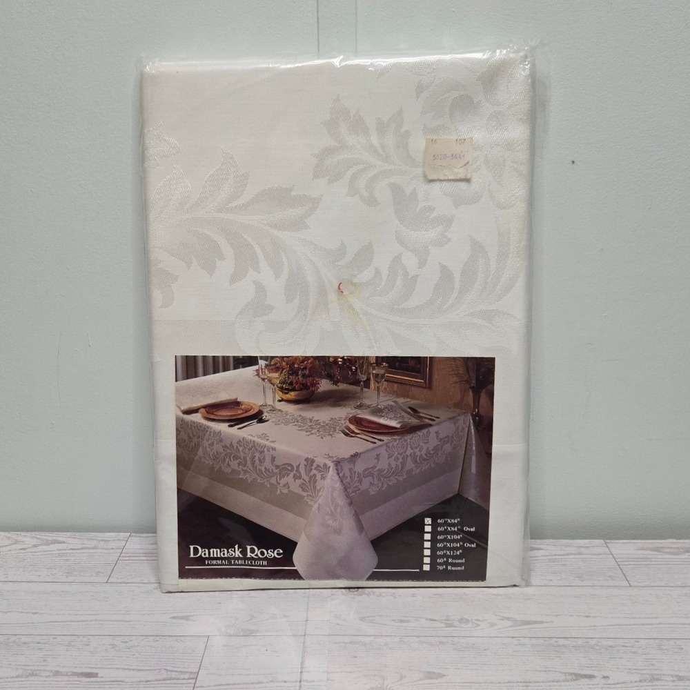 Damask Rose White Floral Formal Tablecloth 60x84 Rectangular Cotton Blend NIP